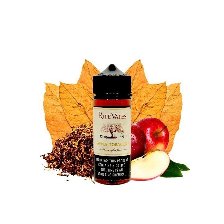 Ripe Vapes Apple Tobacco E Likit 120ml şişe, tütün ve elma aromalı.
