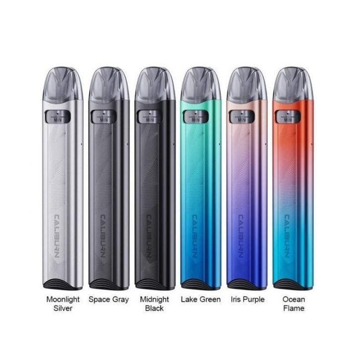 Uwell Caliburn A3S Pod Mod renk seçenekleri: Gümüş, Gri, Siyah, Yeşil, Mor, Turuncu.