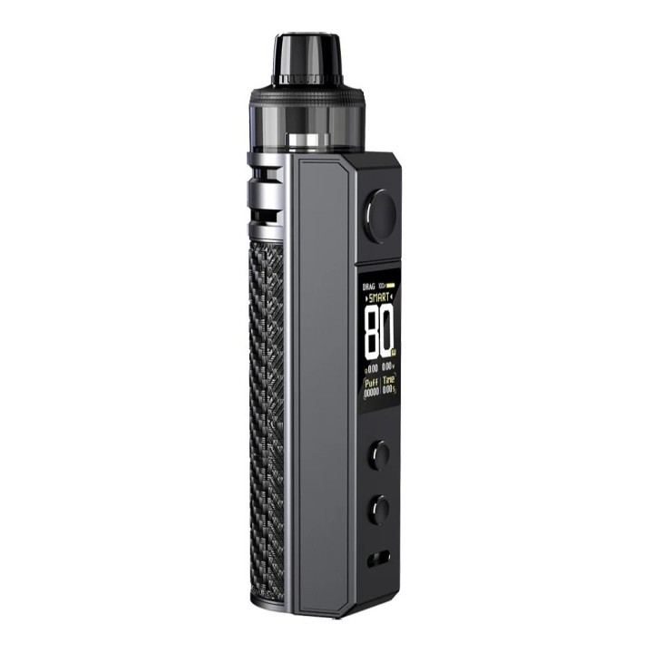 Voopoo Drag H80s Kit Pod Mod gri renkli, karbon dokulu, dijital ekranlı.