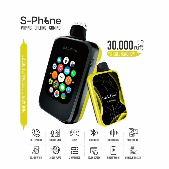 Saltica SPhone 30000 Puffs Kullan At, Siyah Sarı, Pineapple Coconut Freeze