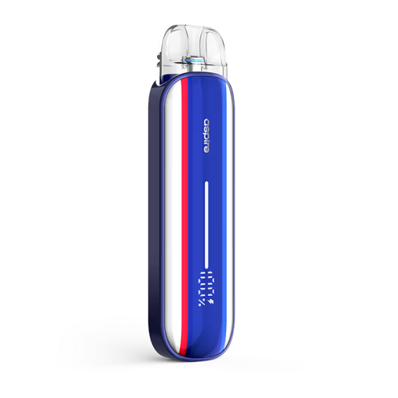 Aspire Pixo Aura Pod Mod, Mavi Beyaz Kırmızı şeritli, dijital ekranlı elektronik sigara.