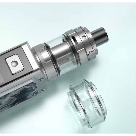 Aspire Rover Plus Pod Mod gümüş renkli, yedek cam tankı ile yakın çekim.