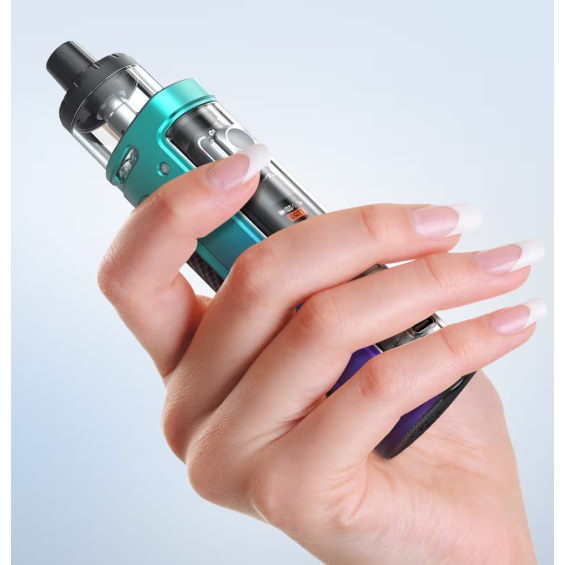 Aspire Veynom EX Pod Mod turkuaz/mor renk, elde tutuşlu gösterim.