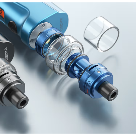 Aspire Boxxer Pod Mod mavi renkli, sökülmüş tank ve yedek parça detayı.