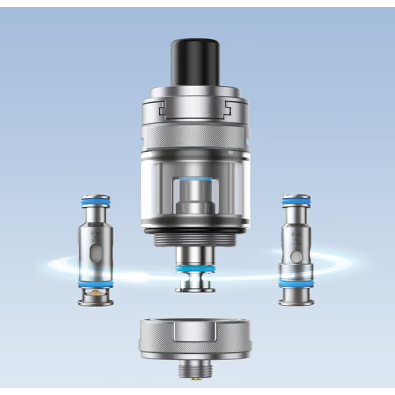 Aspire Boxxer Pod Mod Tank ve yedek bobinleri, gümüş renkli, parçalanmış görünüm.