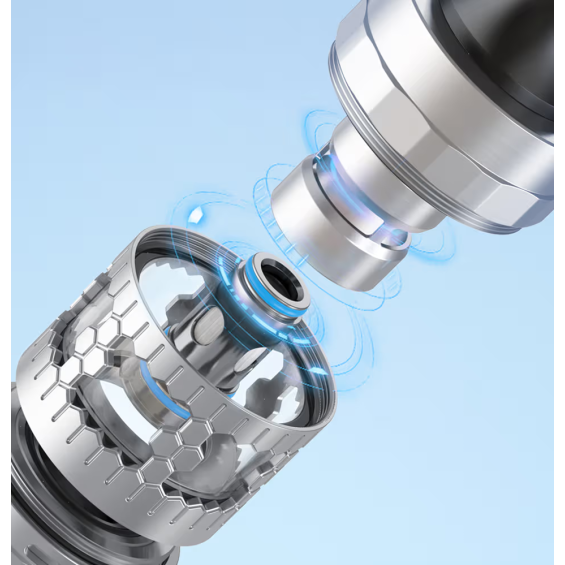 Aspire Atlantis GT Kartuş metal gövde ve bağlantı detayı, mavi ışık efekti