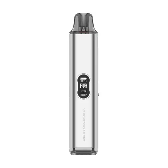 Vaporesso Vibe Pod Mod gümüş renk, kompakt dijital ekranlı elektronik sigara.