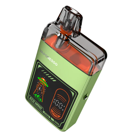 Vaporesso Eco Nano Pro Pod Mod yeşil, uzaylı desenli, kompakt elektronik sigara cihazı.