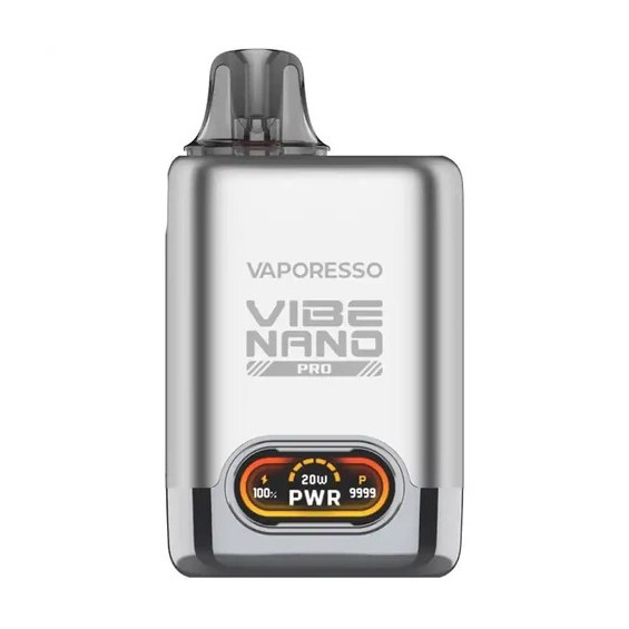 Vaporesso Vibe Nano Pro Pod Mod gümüş renkli, dijital ekranlı elektronik sigara.