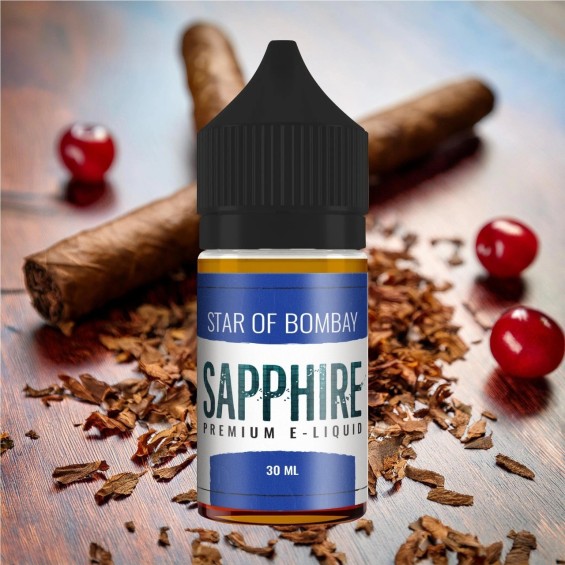 Sapphire Star of Bombay Premium E-Liquid 30 ML şişesi tütünlü arka planda.