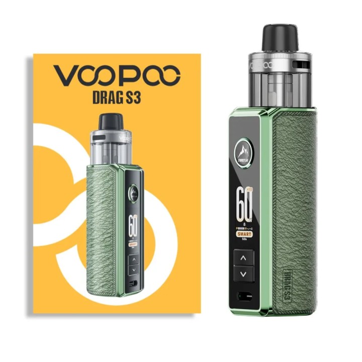 Voopoo Drag S3 Pod Mod yeşil, şık ve deri kaplamalı elektronik sigara.